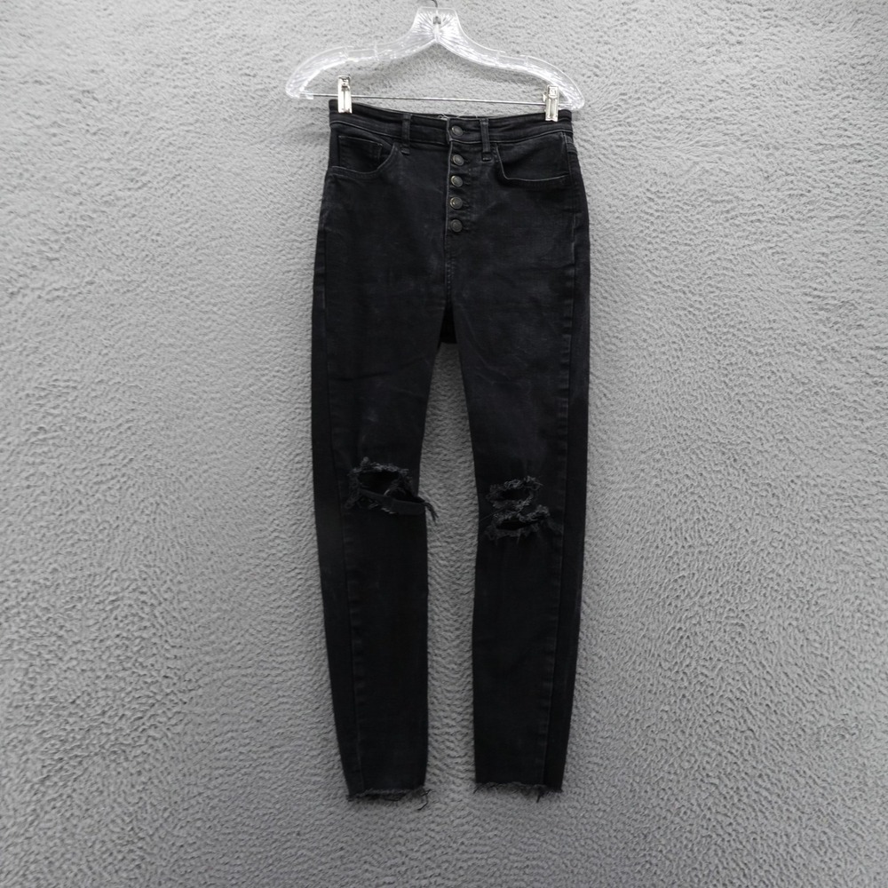 We The Free People Skinny Jeans 27 Black Womens Button Fly Distressed Raw Hem‎